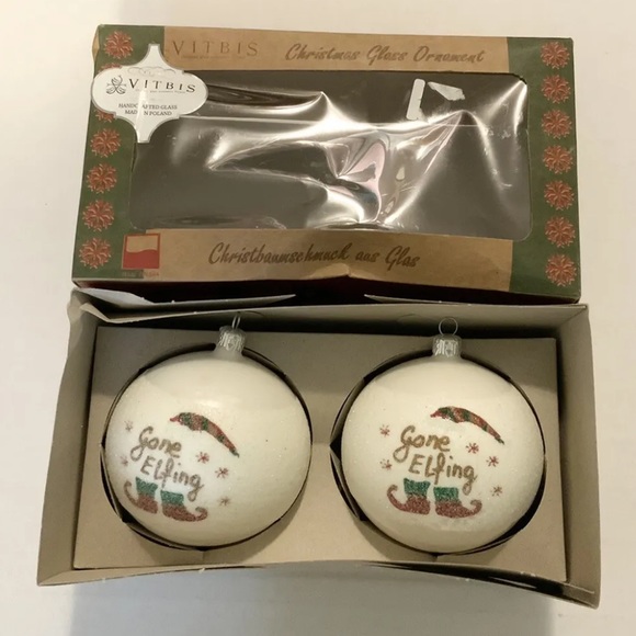 Vitbis Poland Handmade Glass Ball Christmas Ornaments Gone Elfing Set Of 2 - Picture 5 of 8